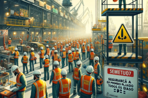 Uma fotografia ou ilustração que mostra um ambiente de trabalho seguro, com trabalhadores utilizando Equipamentos de Proteção Individual (EPIs) como c (2)