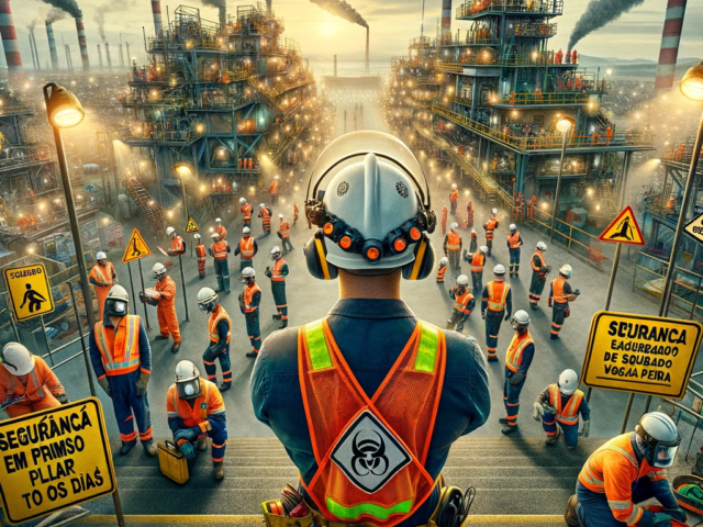 Uma fotografia ou ilustracao que mostra um ambiente de trabalho seguro com trabalhadores utilizando Equipamentos de Protecao Individual EPIs como c