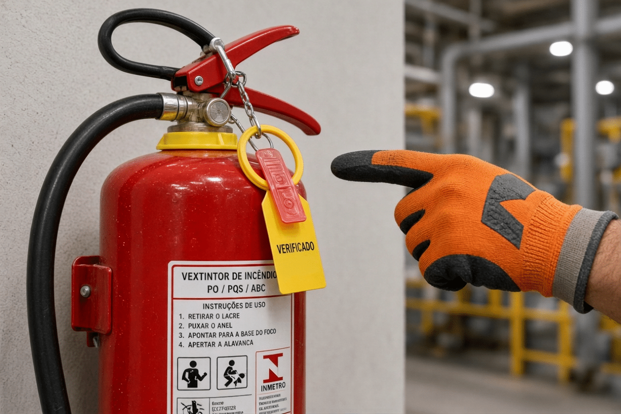 Lacre do extintor em 2026: a diferença entre lacre, anel e selo (e por que a confusão custa caro) 1 Trabalhador de luva laranja inspeciona lacre e anel amarelo de manutenção em extintor de incêndio