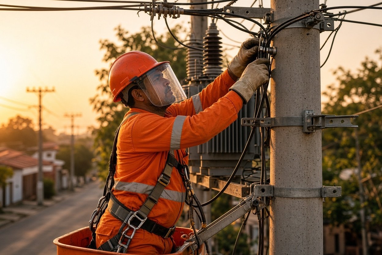 Eletricista trabalhando em rede de distribuição de energia com EPIs completos