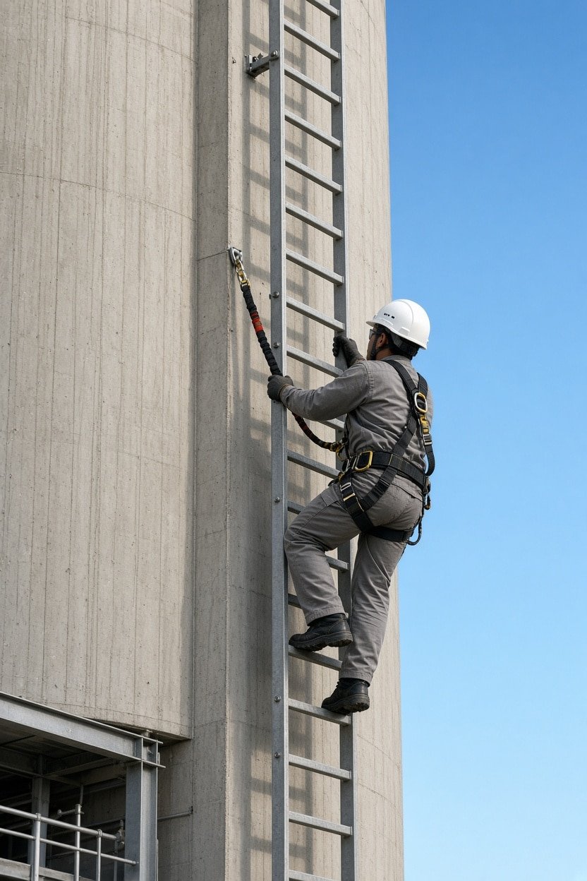 Trabalhador com cinturão subindo escada fixa vertical com SPQ — Anexo III da NR-35